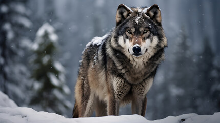 Primal Majesty: A Captivating Close-Up Portrait of a Lone Grey Wolf Amidst Snowy Wilderness