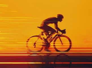 Fototapeta premium Cyclist riding bicycle in vray format, speed graphics, high resolution, uhd image, yellow-orange-black silhouette