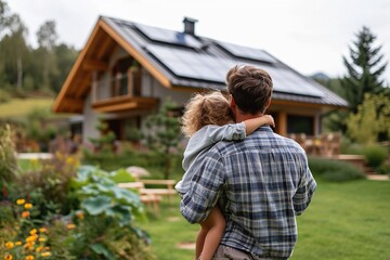 Rear view of dad holding her little girl in arms and showing home, solar panel rooftop. Sustainable life 