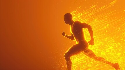 Male runner is sprinting forward with speed in vray format. Speed graphics. High resolution uhd image yellow-orange-black silhouette
