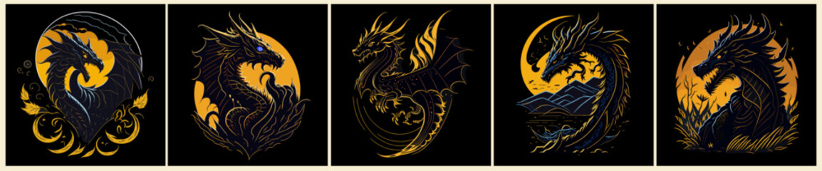 Japanese dragons set. Ancient Asian traditional animal. Chinese New Year zodiac sign, bright gold dragon and moon silhouettes on black background, 2024 Horoscope, decor elements. Vector illustrations.