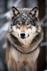 Primal Majesty: A Captivating Close-Up Portrait of a Lone Grey Wolf Amidst Snowy Wilderness