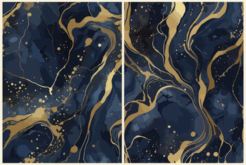 Set of Modern marble backgrounds, dark navy blue and gold fluid watercolor, alcohol ink paintings, elegant card design for Christmas, New Year, birthday, wedding invite, wall art. Vector illustrations