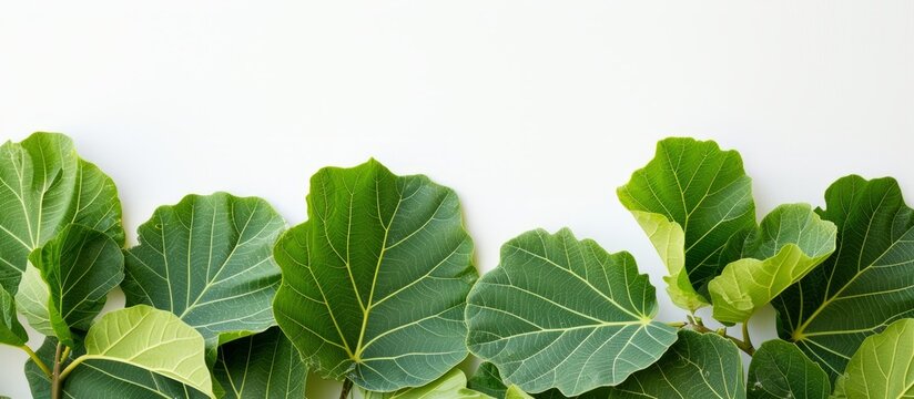 Close-up of green fiddle leaf fig plant leaves isolated on white background