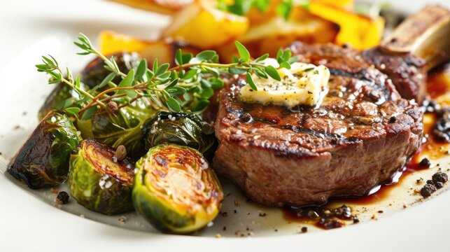 Gourmet Delight: A Plate of Grilled Filet Mignon, Exuding Savory Aromas and Juicy Tenderness, Invites You to Experience Fine Dining at its Best.