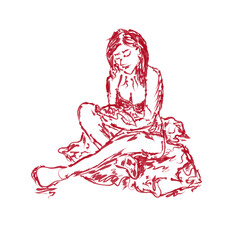 A woman in a swimsuit reads a book. Vector image of red color in sketch style