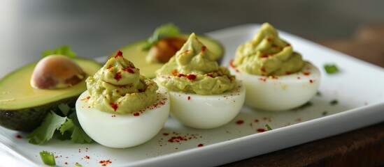 A delicious dish featuring guacamole stuffed eggs and fresh avocado on a white plate