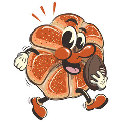 vector isolated clip art illustration of cute bagel rolls mascot playing american football with an oval ball, work of handmade