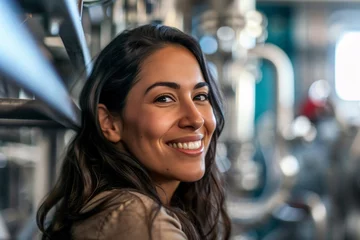 Fotobehang Jeune femme brune souriante dans une usine » IA générative © Maelgoa