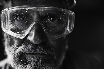 Gros plan d'un vieil ouvrier avec lunettes de protection en noir et blanc » IA générative