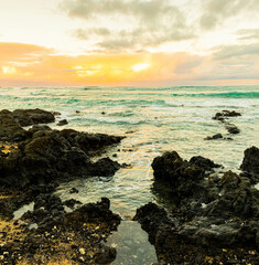 Waves Washing Over Volcanic Shoreline on Kapalaoa Beach , Anaehoʻomalu Bay, Hawaii Island, Hawaii,...