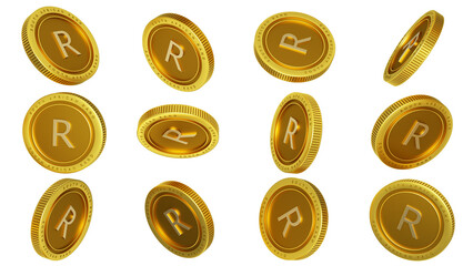 3D rendering of set of abstract golden South African Rand coins concept in different angles. Rand sign on golden coin isolated on transparent background