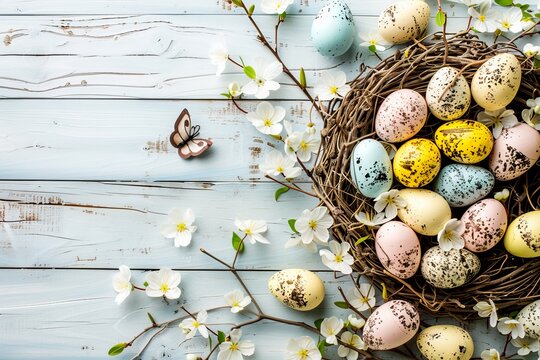 Happy Easter Eggs Basket Native bloom. Bunny hopping in flower Cream decoration. Adorable hare 3d Eternal hope rabbit illustration. Holy week easter hunt easter pansy card easter cupcake decoration