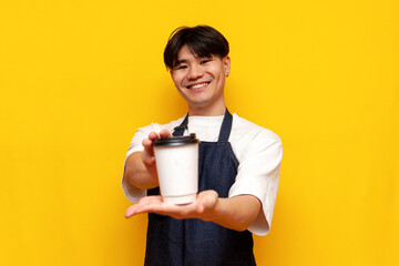 asian young male waiter in apron giving cup of coffee on yellow isolated background, korean guy barista businessman - obrazy, fototapety, plakaty