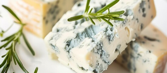 A close up of a piece of blue cheese on a plate garnished with rosemary, a delicious comfort food...