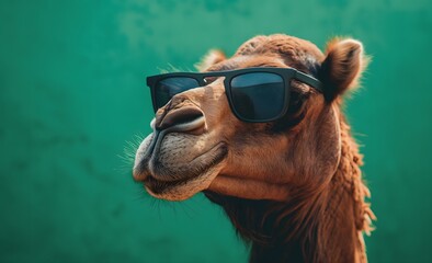 Cooles Kamel mit Sonnenbrille auf grünem Hintergrund
