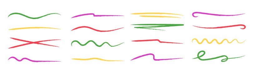 Hand-drawn brush lines set. Wavy and underline elements. Multicolored scribbles. Vector illustration.