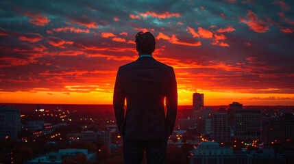 Fototapeta premium Silhouette of a man in a suit on the background of the city at sunset