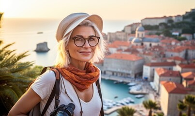 Golden Horizon: Capturing the essence of a serene sunset, a joyful 50-year-old tourist woman enjoys the breathtaking coastal cityscape of Croatia against the backdrop of the Adriatic Sea.