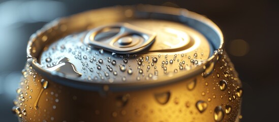 A closeup of a soda can glistening with water drops, resembling a piece of jewellery. The metal surface reflects light like a clock ticking away in the background - obrazy, fototapety, plakaty
