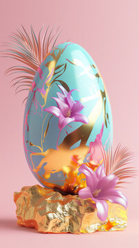 3D polished pastel colored easter eggs with shiny gold decoration for festive design. Unique Easter surprise isolated on pink background with painted golden eggs and a flower. Spring holiday symbol