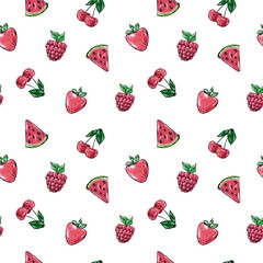 Fruits seamless pattern illustration watermelon, cherry, strawberry, raspberry juicy berries healthy food diet smoothie