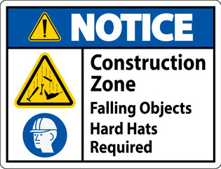 Notice Sign, Construction Zone, Falling Objects Hard Hats Required