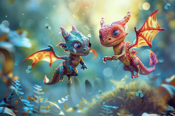 Cute baby dragons flying and having fun