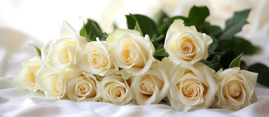 Obraz premium A beautiful arrangement of white roses, a popular choice for weddings and flower arranging, can be found on a bed
