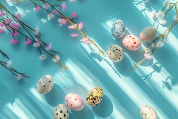 Obraz premium Happy Easter Eggs Basket tulip centerpieces. Bunny hopping in flower fuzzy toy decoration. Adorable hare 3d holy of holies rabbit illustration. Holy week easter hunt Procession card Turquoise Haze