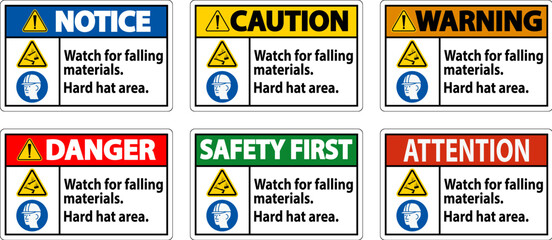 Warning Sign, Watch For Falling Materials, Hard Hat Area