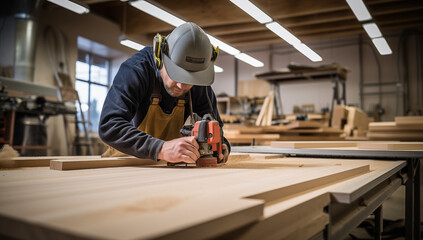 Schreiner in der Schreinerei bei der Arbeit, Holzverarbeitung des Schreiners