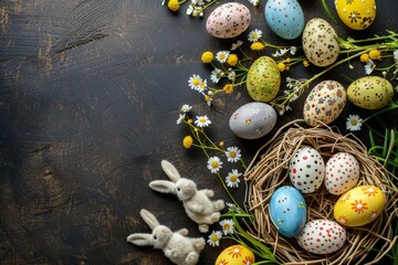 Obraz premium Happy Easter Eggs Basket seasonal greeting. Bunny hopping in flower Reflection decoration. Adorable hare 3d christian greeting rabbit illustration. Holy week easter hunt custom card card childlike