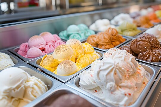 Verschiedene Eissorten in der Theke eines Eiscafes, Eisdiele mit verschiedenen Geschmacksrichtungen Eis