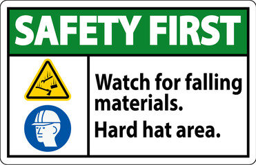 Safety First Sign, Watch For Falling Materials, Hard Hat Area
