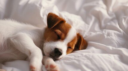 Cute dog sleeping blissfully on white bed with blanket   copy space for text placement