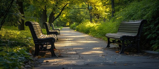 Two empty park benches lined up invitingly along a walkway, creating a serene atmosphere for a peaceful stroll.