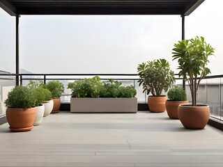 Fototapeta premium Empty rooftop garden with carefully placed potted plants in minimalist design. Lush greenery contrasts and the clean lines of the terrace, a balance of nature and architecture. A peaceful sitting roof