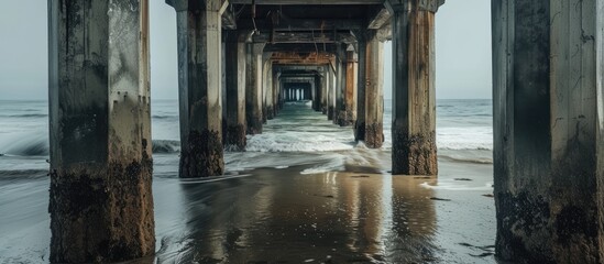 This photo captures the stunning view of the ocean from underneath the Sant Cruz Pier Beach and Boardwalk, showcasing the vast expanse of water and the intricate structure of the pier.