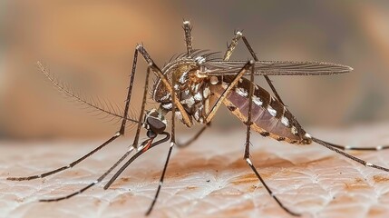 Close up view of mosquito sucking blood on human hand with copy space for text placement