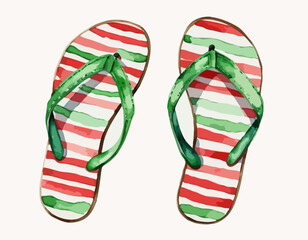 Watercolor hand drawn green flip flops pair with red stripes isolated on white background
