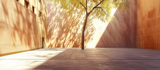 A tree stands in the corner of a city courtyard, casting a shadow on the sunny wall during a spring day.