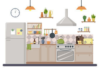 Kitchen interior, modern furniture. Kitchen utensils, refrigerator and cabinets, shelf with dishes. Sink and stove, spice jars, toaster and kettle. Flat vector. For advertising brochures, social