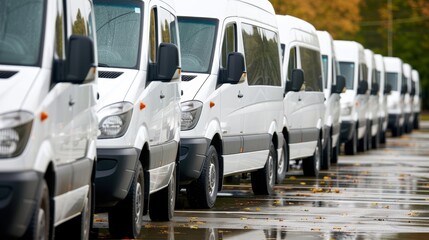 Brand new white vans in parking bay with blurred warehouse background, space for text placement