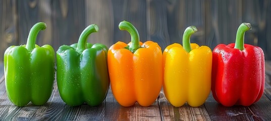 Vibrant backdrop of fresh green, red, and yellow bell peppers creating a colorful vegetable display. - Powered by Adobe