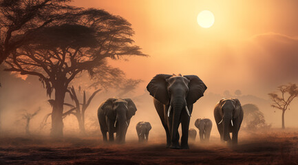 Gruppe von Elefanten in der Savanne, Elefantenfamilie in beeindruckendem Licht in der Steppe