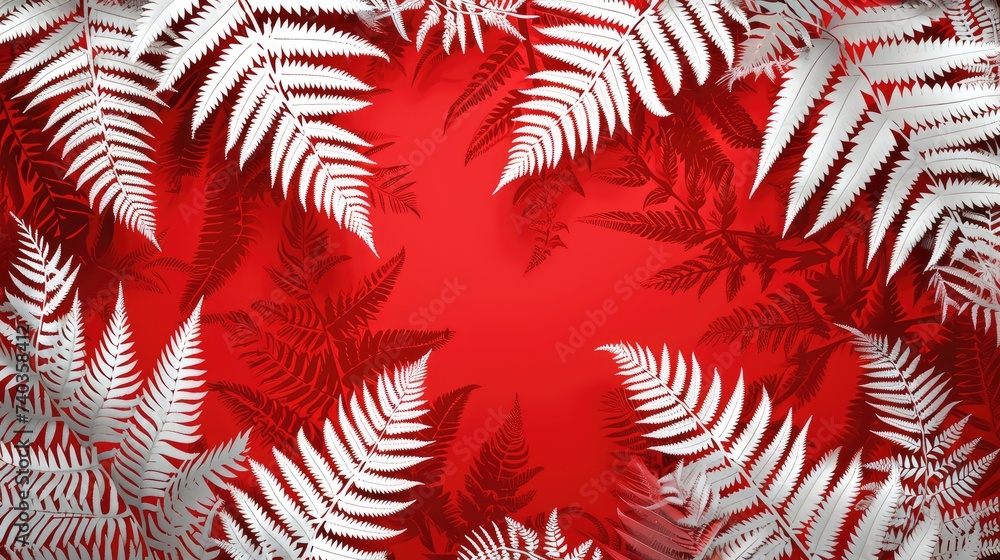 Aufkleber red abstract background or screensaver in the form of white ferns. ai generative.