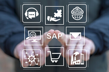 Man using virtual touch screen presses abbreviation: SAP. SAP business process automation software...