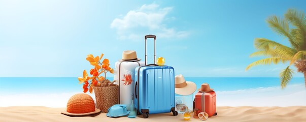 luggage with summer beach accessories and umbrella under the palm tree with light blue colorstudio background - obrazy, fototapety, plakaty