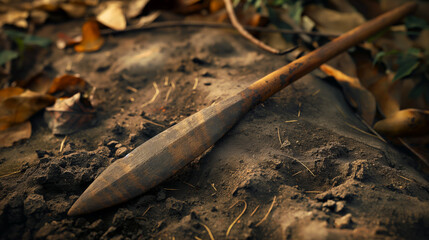 Wooden spear - Primitive spear - caveman - chipped stone - Primitive tool - Evolution - Theory of evolution - Primitive man - obrazy, fototapety, plakaty